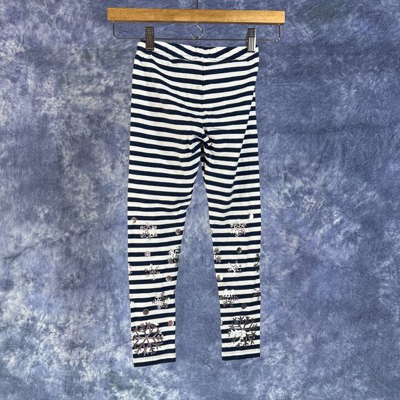 Land's End Girls Leggings Pants Blue White Striped w/ Metallic Snowflakes L 6x-7 - Picture 2 of 5